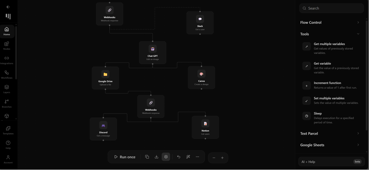 Bizsage AI workflow automation — visual node-based pipeline connecting tools like ChatGPT, Google Drive, Slack, Discord, Notion, and Canva